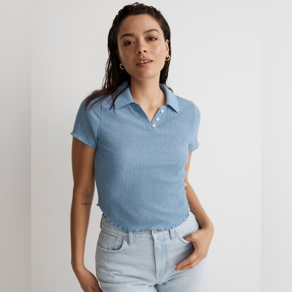 Madewell Crinkle Polo Crop Tee Short Sleeve Yellow White Stripe L